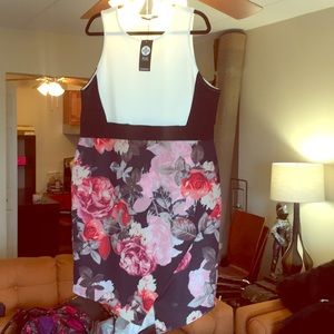 Boohoo Scuba Knit Dress, white top, floral skirt